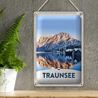 Blechschild Reise 20x30cm Traunsee Östereich Winterzeit Schnee