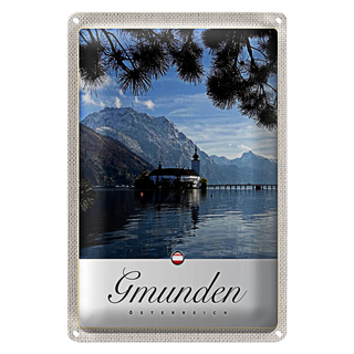 Blechschild Reise 20x30cm Gmunden Östereich Kirche Gebirge Natur