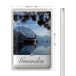 Blechschild Reise 20x30cm Gmunden Östereich Kirche Gebirge Natur