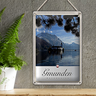Blechschild Reise 20x30cm Gmunden Östereich Kirche Gebirge Natur