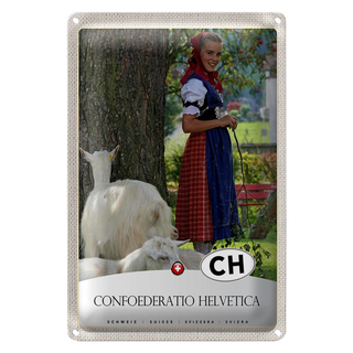 Blechschild Reise 20x30cm Confoederatio Helvetica Schaf Frau