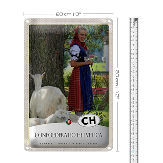 Blechschild Reise 20x30cm Confoederatio Helvetica Schaf Frau