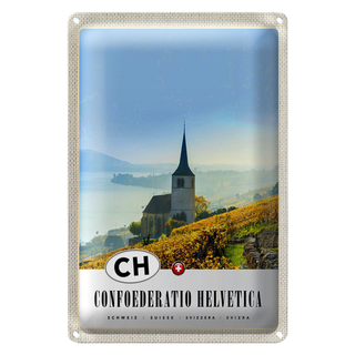 Blechschild Reise 20x30cm Confoederatio Helvetica Kirche Weide