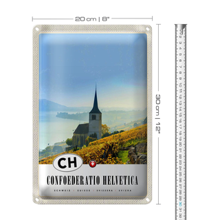 Blechschild Reise 20x30cm Confoederatio Helvetica Kirche Weide