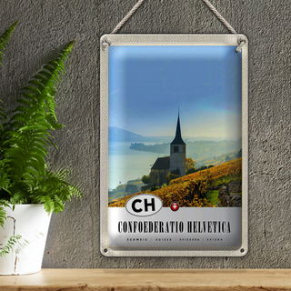 Blechschild Reise 20x30cm Confoederatio Helvetica Kirche Weide