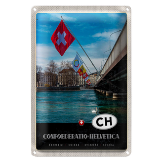 Blechschild Reise 20x30cm Confoederatio Helvetica Brücke Flagge