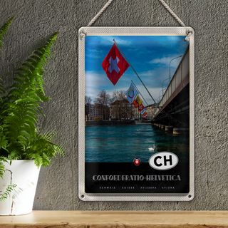 Blechschild Reise 20x30cm Confoederatio Helvetica Brücke Flagge
