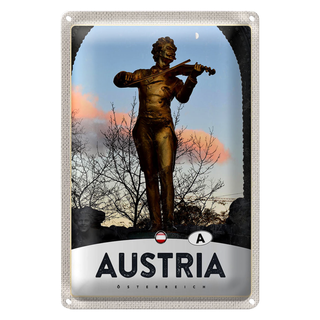 Blechschild Reise 20x30cm Österreich Skulptur Mann Geige gold