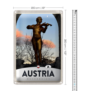 Blechschild Reise 20x30cm Österreich Skulptur Mann Geige gold