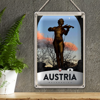 Blechschild Reise 20x30cm Österreich Skulptur Mann Geige gold