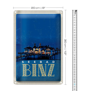 Blechschild Reise 20x30cm Binz Seebad Haus Meer Abend Urlaub