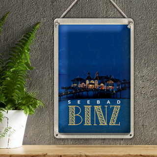 Blechschild Reise 20x30cm Binz Seebad Haus Meer Abend Urlaub