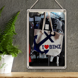 Blechschild Reise 20x30cm Binz Deutschland Anker Tasche weiß