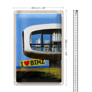 Blechschild Reise 20x30cm Binz Deutschland Gebäude Stühle Tisch