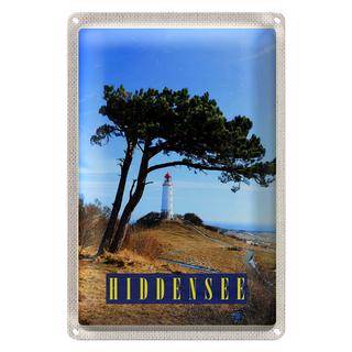 Blechschild Reise 20x30cm Hiddensee Leuchtturm Baum Weide Wiese
