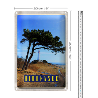 Blechschild Reise 20x30cm Hiddensee Leuchtturm Baum Weide Wiese