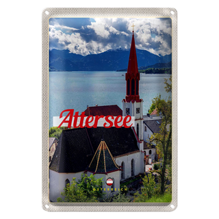 Blechschild Reise 20x30cm Attersee Österreich Kirche Berge See