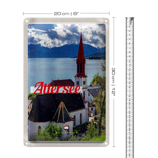 Blechschild Reise 20x30cm Attersee Österreich Kirche Berge See