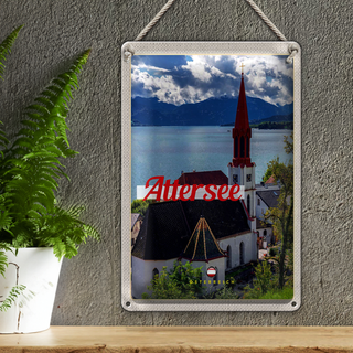 Blechschild Reise 20x30cm Attersee Österreich Kirche Berge See