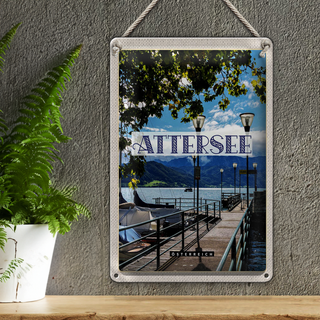 Blechschild Reise 20x30cm Attersee Österreich Kirche Laterne See