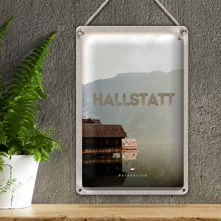 Blechschild Reise 20x30cm Hallstatt Österreich See Berge Boot