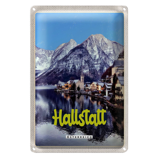 Blechschild Reise 20x30cm Hallstatt Österreich Berge Winterzeit