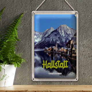 Blechschild Reise 20x30cm Hallstatt Österreich Berge Winterzeit