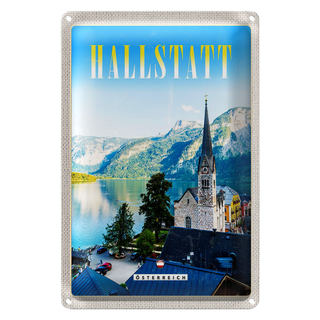 Blechschild Reise 20x30cm Hallstatt Österreich Berge Kirche