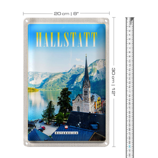 Blechschild Reise 20x30cm Hallstatt Österreich Berge Kirche