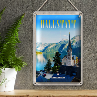 Blechschild Reise 20x30cm Hallstatt Österreich Berge Kirche