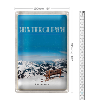 Blechschild Reise 20x30cm Österreich Gebirge Schnee Bank Winter
