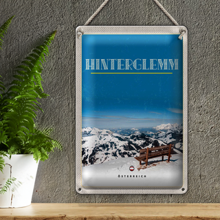 Blechschild Reise 20x30cm Österreich Gebirge Schnee Bank Winter