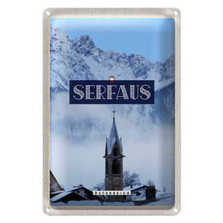 Blechschild Reise 20x30cm Serfhaus Schnee Berge Kirche Winter