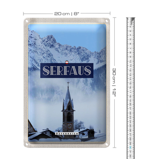 Blechschild Reise 20x30cm Serfhaus Schnee Berge Kirche Winter