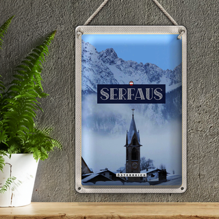 Blechschild Reise 20x30cm Serfhaus Schnee Berge Kirche Winter
