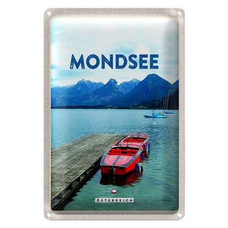 Blechschild Reise 20x30cm Mondsee Österreich Boote See Berge