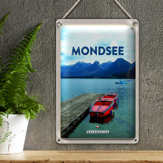 Blechschild Reise 20x30cm Mondsee Österreich Boote See Berge