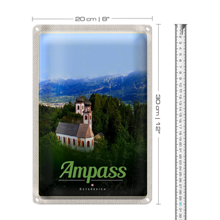 Blechschild Reise 20x30cm Ampass Österreich Kirche im Wald Natur