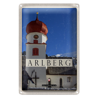 Blechschild Reise 20x30cm Arlberg Österreich Kirche Skulptur