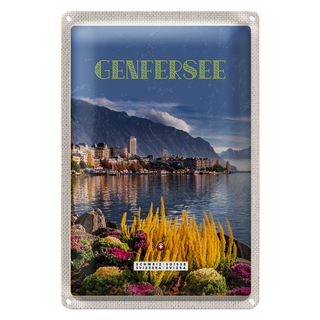 Blechschild Reise 20x30cm Genfersee Urlaub Naturliebe Riesenrad