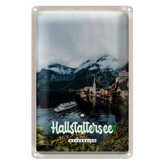 Blechschild Reise 20x30cm Hallstattersee Berge Schiff Boot Berg