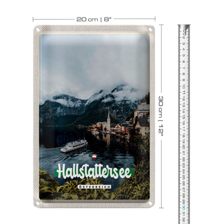 Blechschild Reise 20x30cm Hallstattersee Berge Schiff Boot Berg
