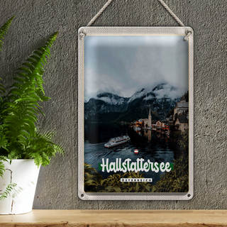 Blechschild Reise 20x30cm Hallstattersee Berge Schiff Boot Berg