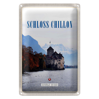 Blechschild Reise 20x30cm Ausblick auf Schloss Chillon Genfersee