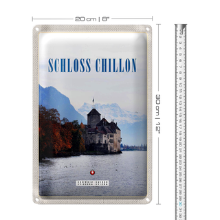 Blechschild Reise 20x30cm Ausblick auf Schloss Chillon Genfersee