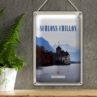 Blechschild Reise 20x30cm Ausblick auf Schloss Chillon Genfersee
