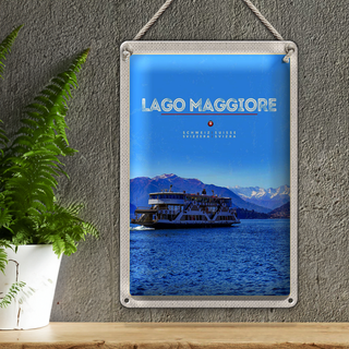 Blechschild Reise 20x30cm Lago Maggiore Schiff See Berge Natur