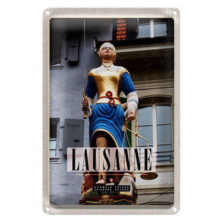 Blechschild Reise 20x30cm Lausanne Schweiz Skulptur Frau Waage