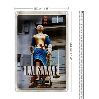 Blechschild Reise 20x30cm Lausanne Schweiz Skulptur Frau Waage