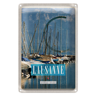 Blechschild Reise 20x30cm Lausanne Schweiz Boote Gebirge Wälder